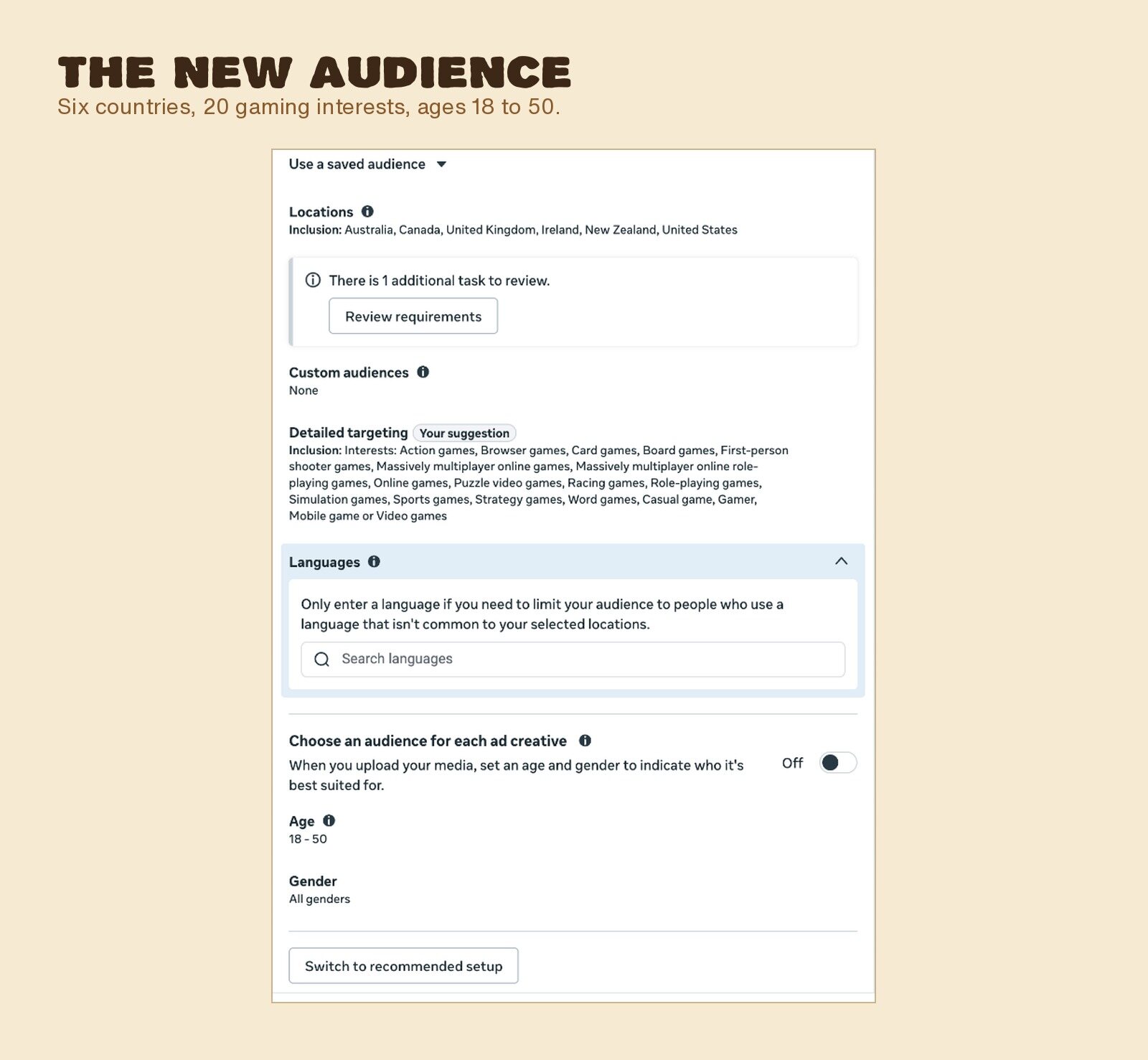 The new audience settings in Ads Manager: six countries, 20 gaming interests, ages 18 to 50