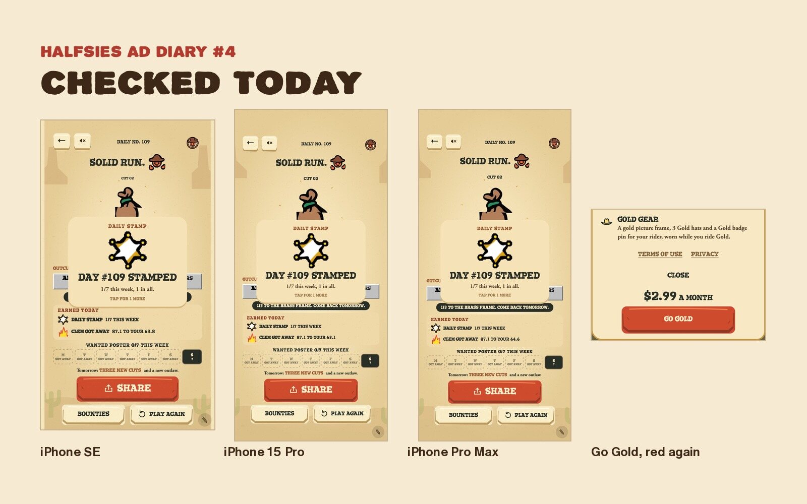 The Halfsies finish screen on iPhone SE, iPhone 15 Pro and iPhone Pro Max, and the Gold sheet with its red Go Gold button