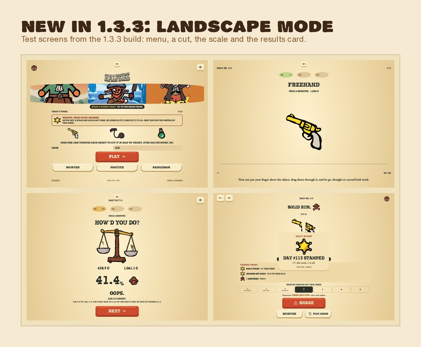 Four test screens from the 1.3.3 build in landscape: the menu with today's three objects, a cut on a gold six-shooter, the scale showing a 41.4 score, and the daily stamp results card