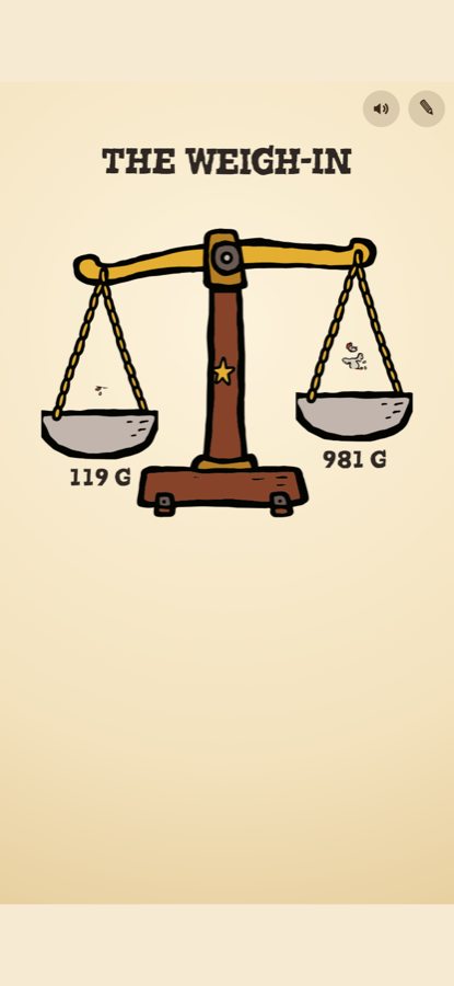 Halfsies weighing the two pieces of a cut on its hand-drawn scale